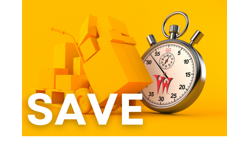 A yellow background features a stopwatch and stacked boxes, with the word "SAVE" prominently displayed in bold white letters.