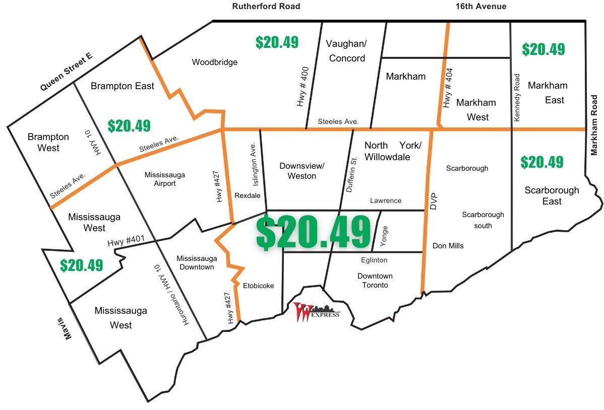 Map of Toronto regions highlighting service areas with prices set at $20.49, marked in green, with major roads indicated.